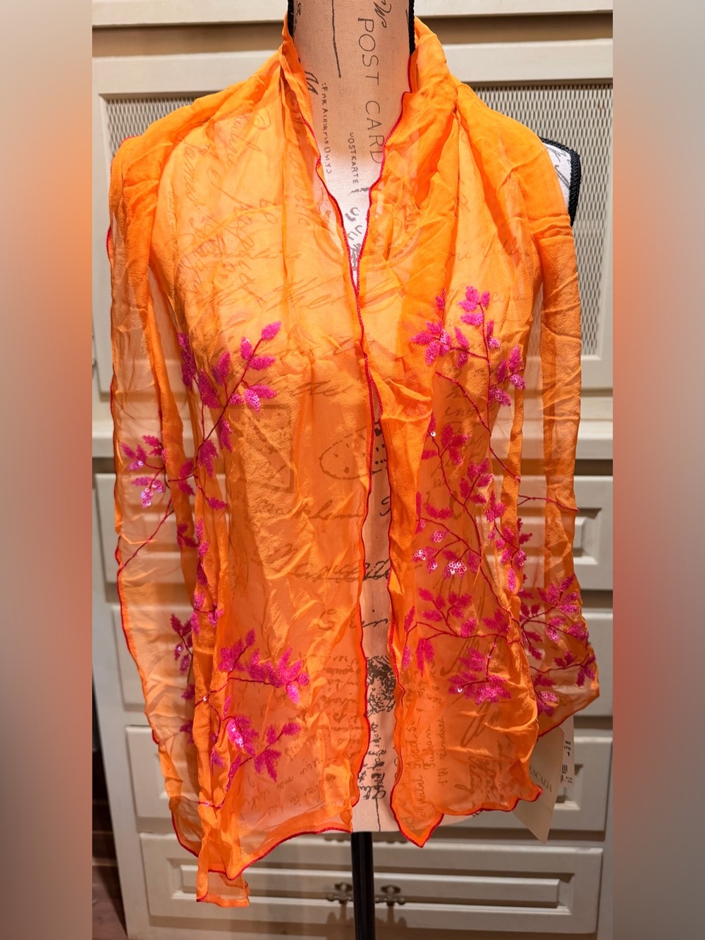 Vintage Escada Embroidered Silk Scarf Sheer Orange Pink Sequins